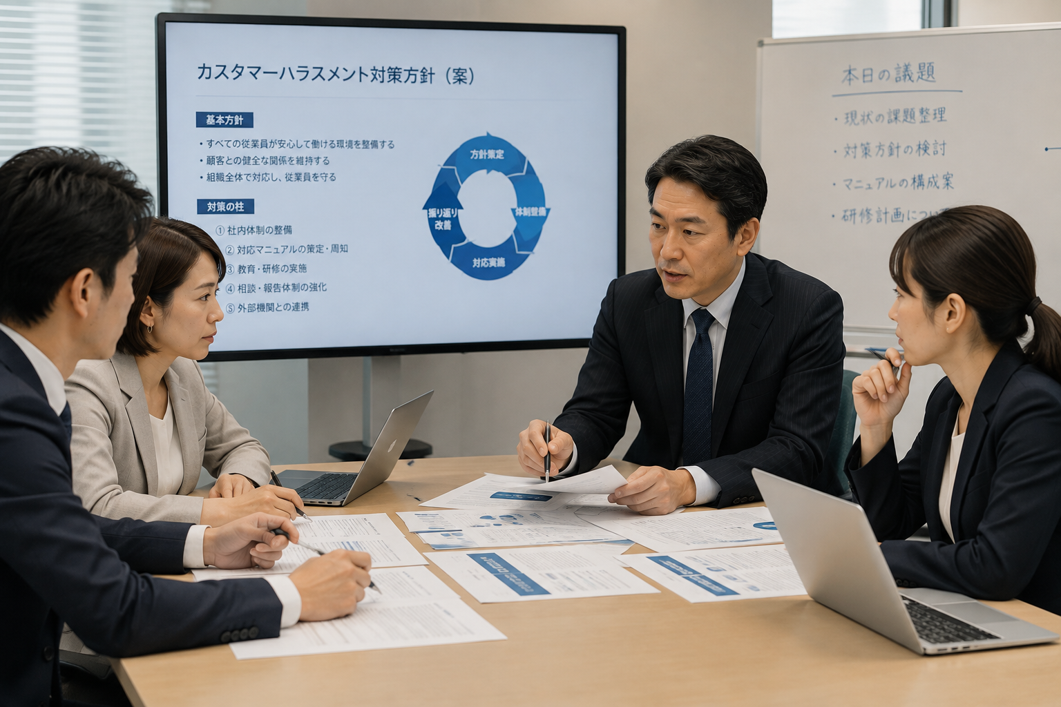 2026年10月からのカスハラ対策義務化に向けて企業の対応方針を検討する経営者と管理職
