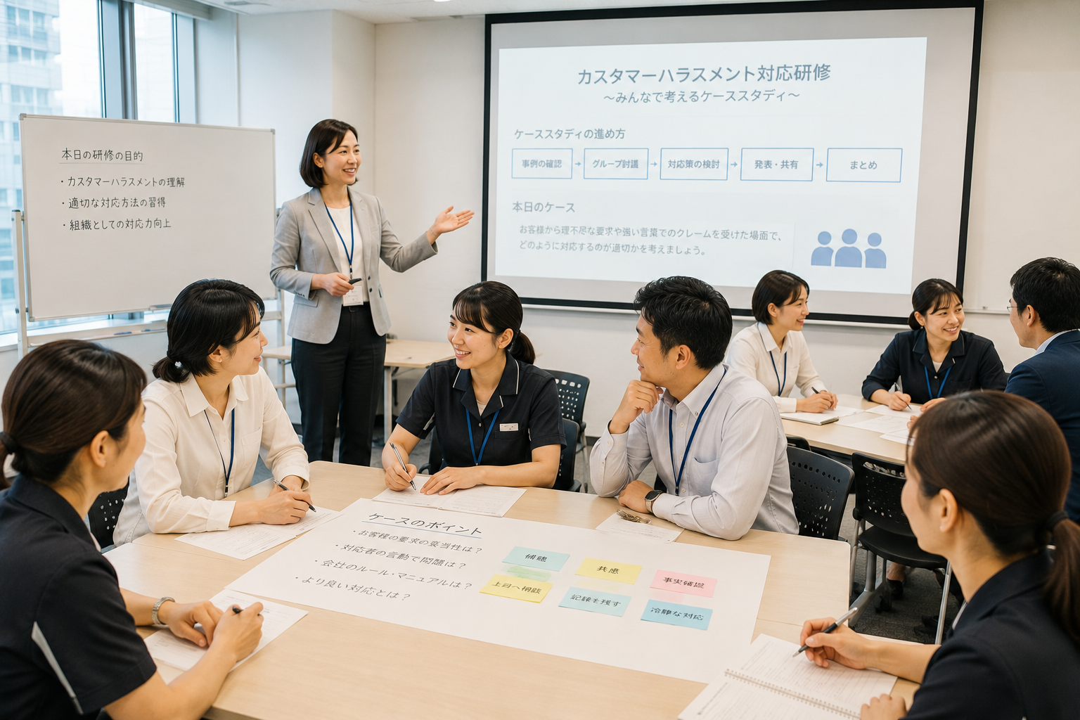 カスタマーハラスメント研修でケーススタディを学ぶ従業員と管理職