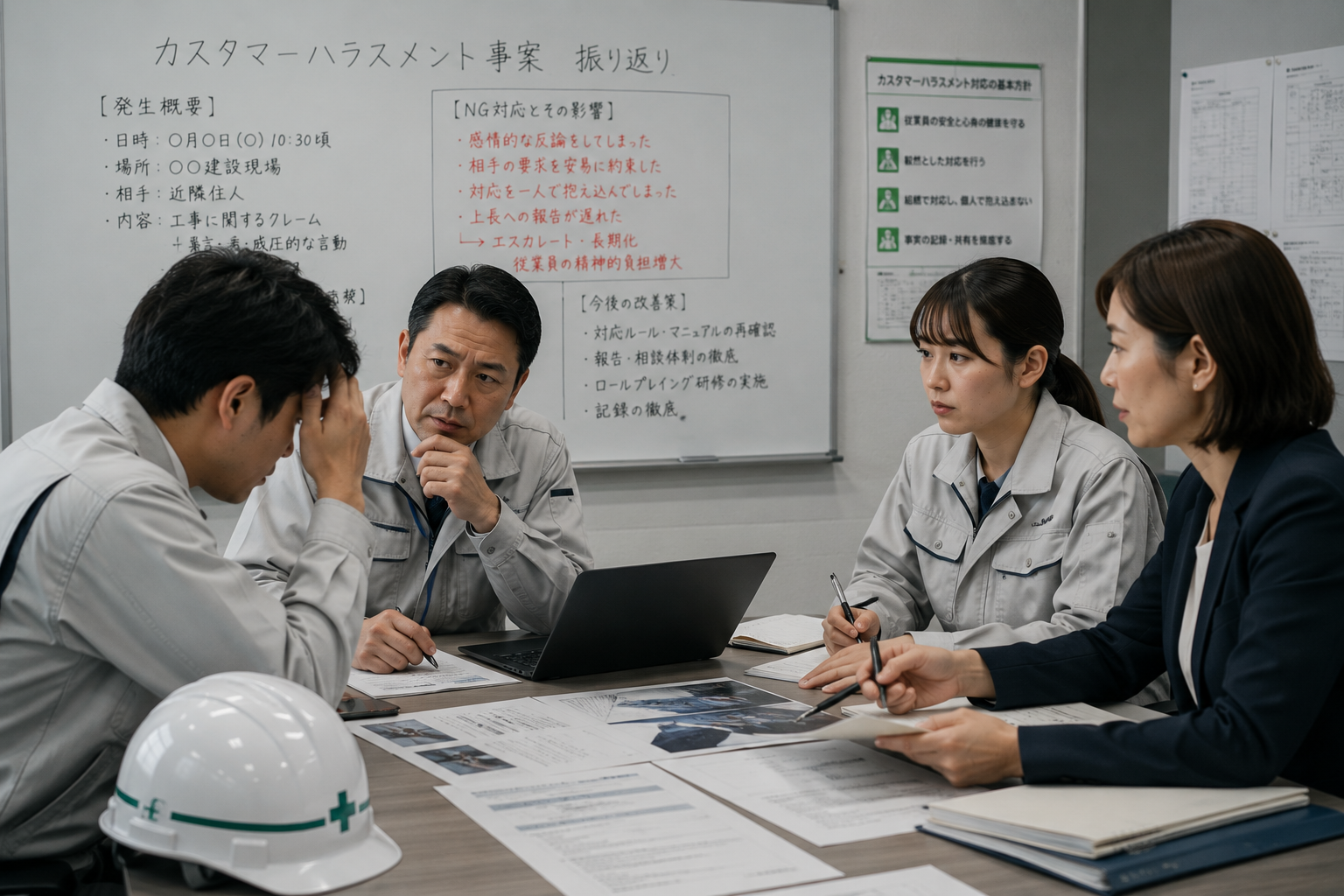 カスタマーハラスメントの相談対応について管理職と人事担当者が適切な社内対応を検討する場面