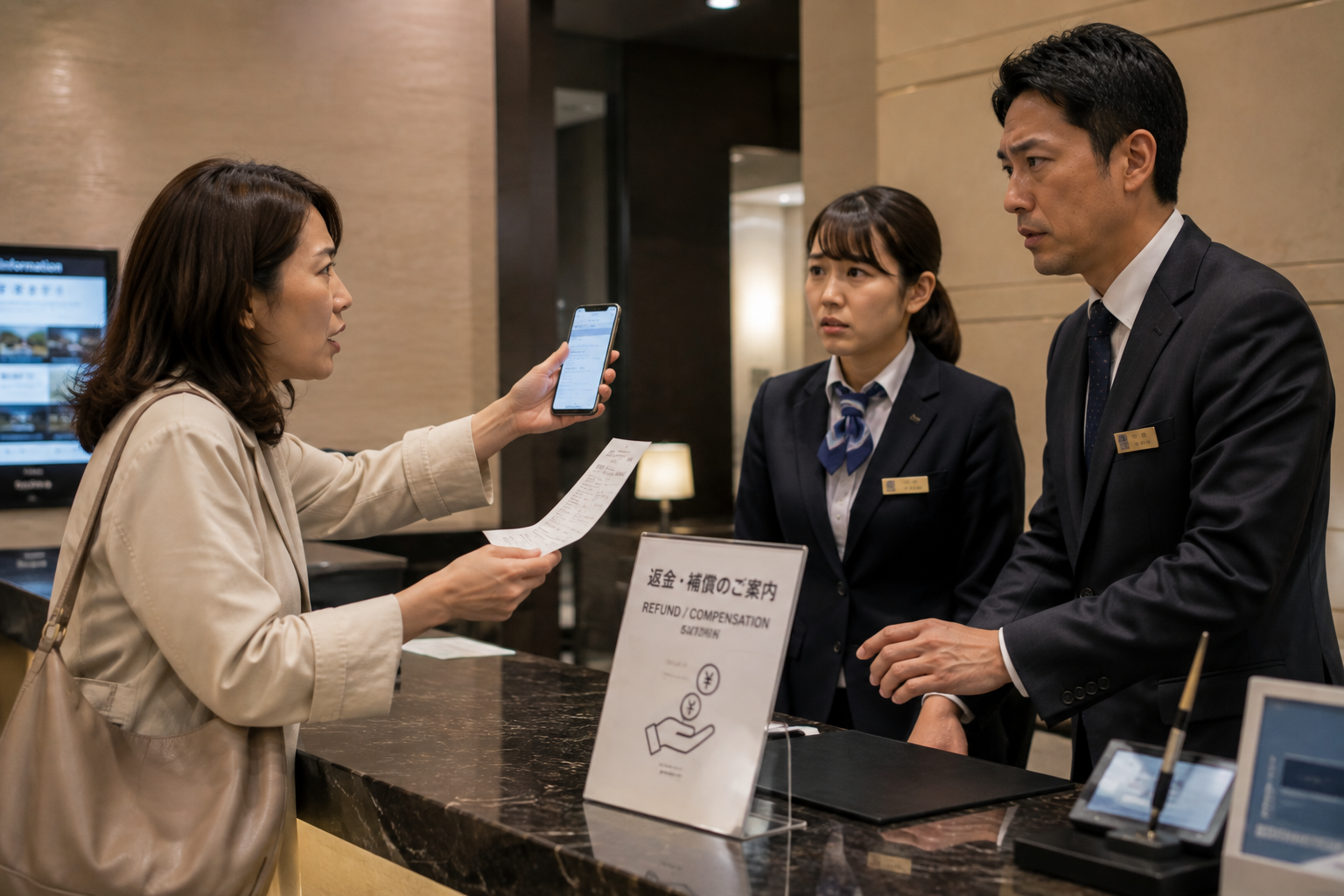 店舗で返金や補償を強く要求する顧客に従業員と管理職が対応するカスタマーハラスメント事例